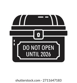 Una ilustración del cofre del tesoro con un mensaje sellado que aconseja no abrir hasta 2026, que simboliza la anticipación, las sorpresas y las expectativas esperanzadoras para el próximo año nuevo.