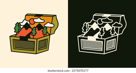 Treasure chest illustration showcasing mountains, trees, and sunset with a nature adventure theme.