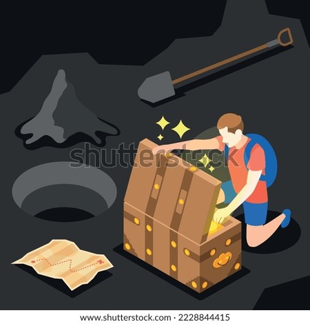 Treasure chest isometric background composition with male character opening vintage chest with map shovel and hole vector illustration