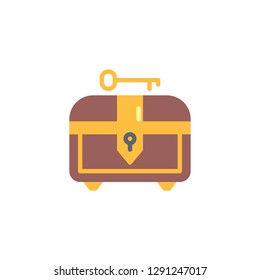 Treasure chest and key flat icon, vector sign, colorful pictogram isolated on white. Pirate chest symbol, logo illustration. Flat style design