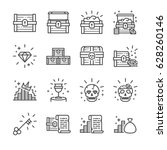 Treasure chest line icon set. Included the icons as treasure chest, skull, diamond, treasure map and more.