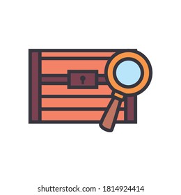 Treasure chest with lupe line and fill style icon design Box vintage gold wealth pirate ancient antique object money and retro theme Vector illustration