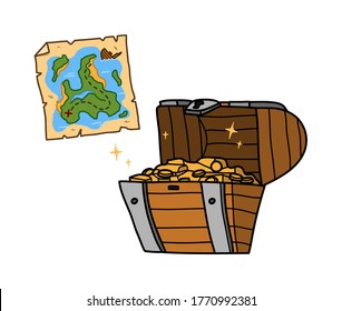 Mapa del cofre del tesoro y del tesoro, ilustración de vector dibujado a mano del cofre del tesoro pirata y un mapa que lleva al tesoro.