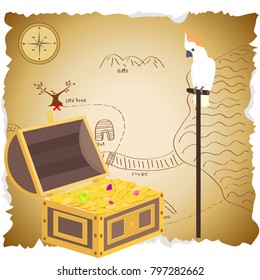 Treasure chest with map. Pirate treasure. Parrot Cockatoo sits in the vault of the treasure. Flat design, vector illustration, vector.