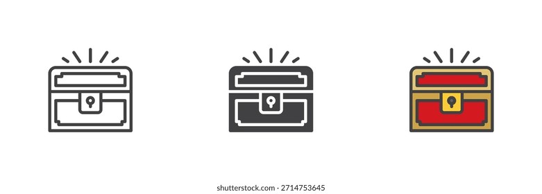 Conjunto de iconos de estilo diferente de riqueza medieval del cofre del tesoro. Línea, contorno relleno e ícono de Vector de color sólido. Símbolo de almacenamiento de oro, signo de recompensa, icono de botín de fantasía.