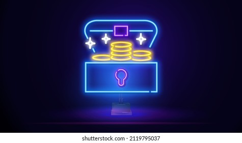 Treasure chest neon sign. Pirates and adventure design. Night bright neon sign, colorful billboard, light banner. Vector illustration in neon style.