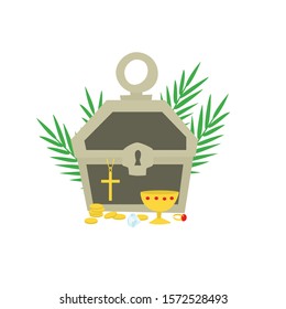 The treasure chest is on the background of palm leaves.