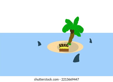 Treasure in a chest on a deserted island with a palm tree and sharks circling in sea