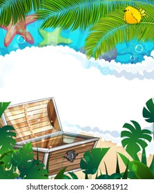 Treasure Chest on a sandy beach with lush tropical vegetation and animals