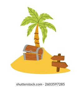 Treasure chest on sandy beach with palm tree and wooden signs.