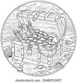 A treasure chest on the seashore in a round frame.Coloring book antistress for children and adults. Illustration isolated on white background.Zen-tangle style. Hand draw