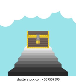 Treasure chest on staircase leading into blue sky with white clouds. Achievement, motivation and success concept. Flat design. Vector illustration. EPS 8, no transparency