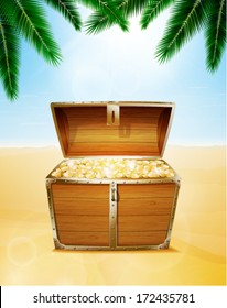 Treasure chest on a tropical beach with palm trees