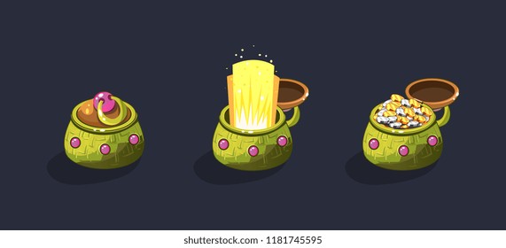 Treasure chest, open and closed antique pots with coins, game user interface element for video computer games vector Illustration