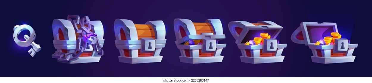 Treasure chest open with gold coins, locked with chain and padlock and key. Game icon of rare loot with ancient wooden trunk with glowing golden money, vector cartoon set isolated on background