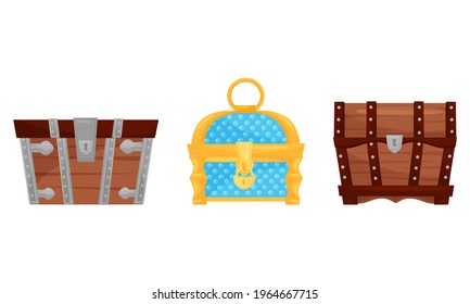 Treasure Chest with Padlock and Metal Band Vector Set