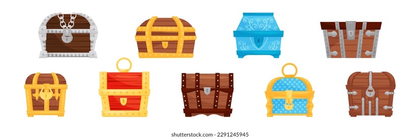 Treasure Chest with Padlock and Metal Band Vector Set