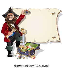 Treasure chest and pirate blank frame. vector illustration.