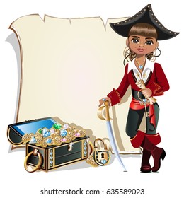 Treasure chest and pirate blank frame. vector illustration.