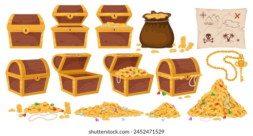 Treasure chest. Pirate wealth. Gold coins and diamonds. Corsair map. Opened and closed wooden containers. Ancient golden key. Empty and full boxes with jewelry gems