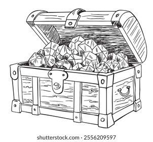 Treasure chest. Pirate wealth. Open old chest with diamonds. Sketch. Engraving style. Vector illustration