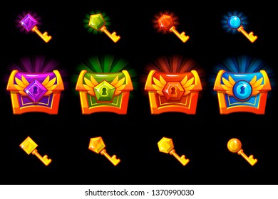 Treasure chest with precious stones and golden keys, vector icons