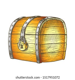 Treasure Chest Protected Metal Lock Color Vector. Ancient Old Armored Locked Wood Chest Packaging. Secured Jewelry Box Engraving Layout Designed In Retro Style Illustration