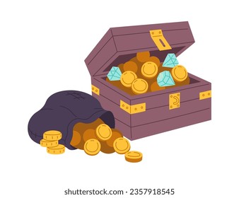 Treasure Chest With Sack Bag With Coins Vector Illustration