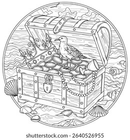 A treasure chest and a seagull on the beach in a round frame.Coloring book antistress for children and adults. Illustration isolated on white background.Zen-tangle style. Hand draw