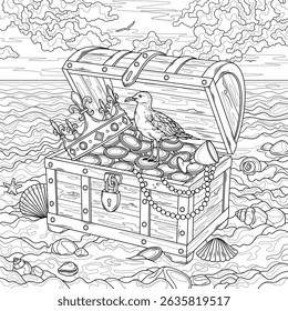 A treasure chest and a seagull on the beach.Coloring book antistress for children and adults. Illustration isolated on white background.Zen-tangle style. Hand draw