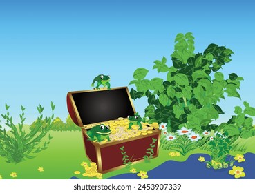 Treasure chest, with several green frogs sitting on it, lost on the shore of a pond. Vector illustration.