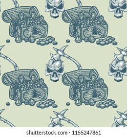 treasure chest and skull with axe in it seamless pattern