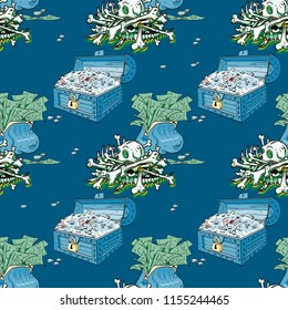 treasure chest, skull, bones, bag of money seamless pattern