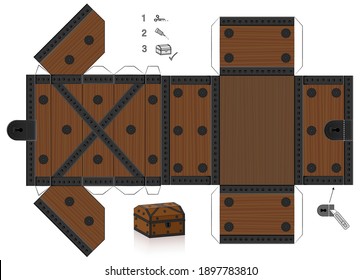 Treasure chest template. Cut out, fold and glue it. Paper model with lid that can be opened. Wooden textured box for precious objects, luxury, belongings or little things.
