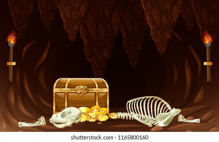 Treasure chest in underground cave illustration