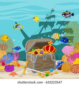 Treasure chest in underwater background