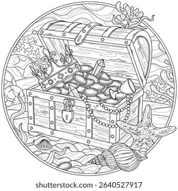 Treasure in a chest underwater in a round frame.Coloring book antistress for children and adults. Illustration isolated on white background.Zen-tangle style. Hand draw