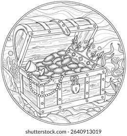 Treasure in a chest underwater in a round frame.Coloring book antistress for children and adults. Illustration isolated on white background.Zen-tangle style. Hand draw