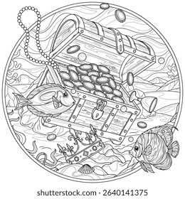 Treasure chest underwater and sea fish in a round frame.Coloring book antistress for children and adults. Illustration isolated on white background.Zen-tangle style. Hand draw
