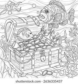 Treasure chest underwater and sea fish.Coloring book antistress for children and adults. Illustration isolated on white background.Zen-tangle style. Hand draw