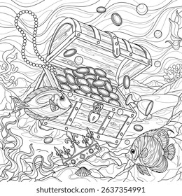 Treasure chest underwater and sea fish.Coloring book antistress for children and adults. Illustration isolated on white background.Zen-tangle style. Hand draw