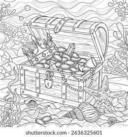 Treasure in a chest underwater.Coloring book antistress for children and adults. Illustration isolated on white background.Zen-tangle style. Hand draw