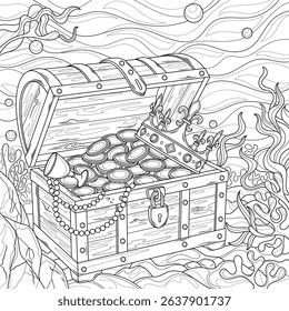 Treasure in a chest underwater.Coloring book antistress for children and adults. Illustration isolated on white background.Zen-tangle style. Hand draw