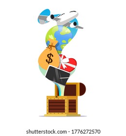 Treasure chest with  various things. Birthday gift illustration. Vector illustration isolated on white background