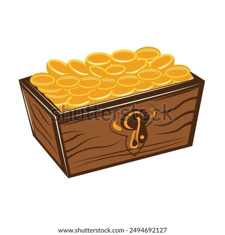 Treasure chest vector illustration, gold coins in wooden chest, treasure box clip art image, money golden coins container clipart, isolated on white background