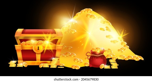 Treasure chest vector illustration, golden coin pile, red money bag, pirate hidden trunk shiny wealth. Game UI cartoon ancient case, glowing cash success abundance rich concept. Treasure chest clipart