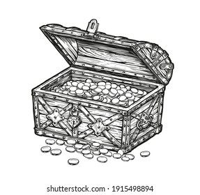 Treasure chest vintage. Gold coins, money sketch vector illustration