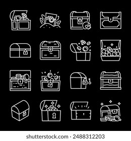 Treasure chest, white line icons. Open chests with coins and jewels, symbolizing treasure hunting. Perfect for adventure and wealth themes. Symbols on black background. Editable stroke.