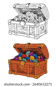 Treasure chest. A wooden chest filled with gold treasure. Color and black and white outline illustration. Element for coloring page. Cartoon style  illustration isolated on white background