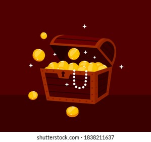 Treasure. Chest. Wooden chest with jewels. pirate win prize wealth golden cash metal coin wood ancient wooden reward gemstone gold, money. Treasure wooden chest. Chest cartoon vector illustration.
